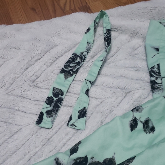 Mint green gray flowered flowy strapless dress L - Picture 6 of 8